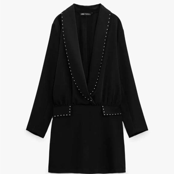 Zara Black Rhinestone Short blazer dress with V-neck lapel collar long sleeves - Picture 5 of 10